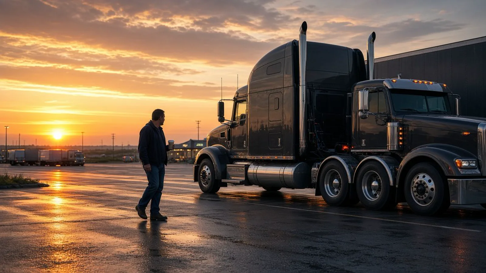 Owner-operator at a truck stop at dawn Owner-operator semi truck at a truck stop at dawn as the driver walks to his cab with coffee