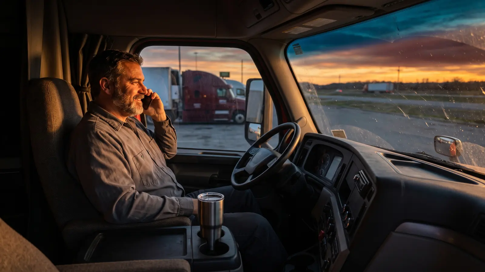 Dispatching for the carrier Owner-operator in his truck cab at sunrise talking with his dispatcher on the phone