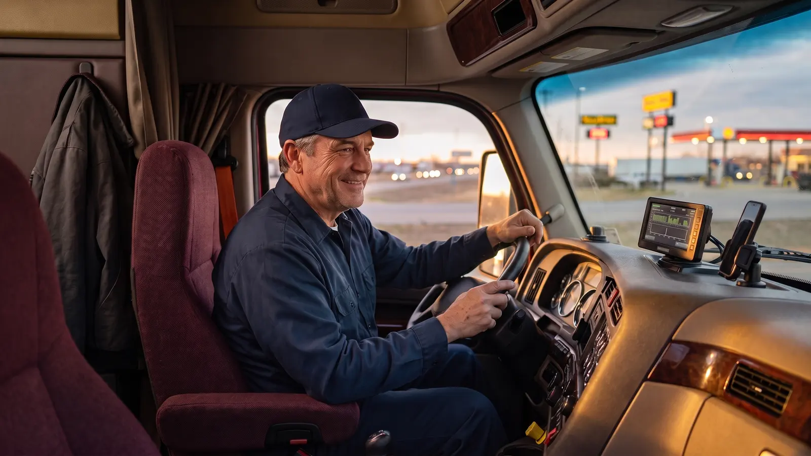 Smiling owner-operator at the wheel of his truck, parked at a truck stop at sunset