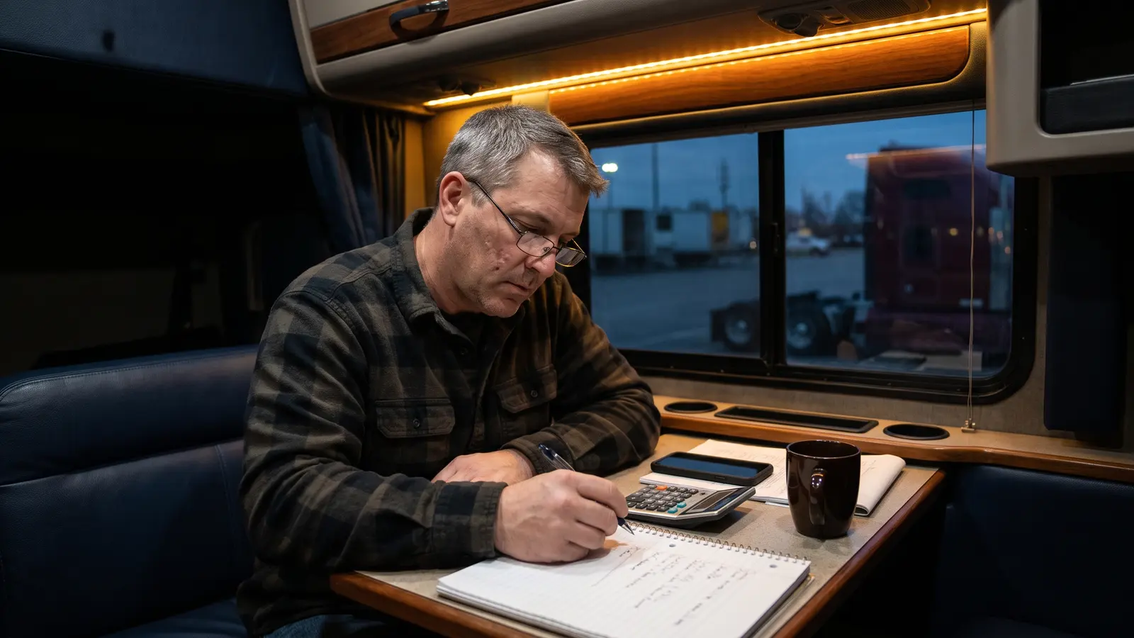 How owner-operators find loads Owner-operator working out lane math with a calculator and notebook in his sleeper cab