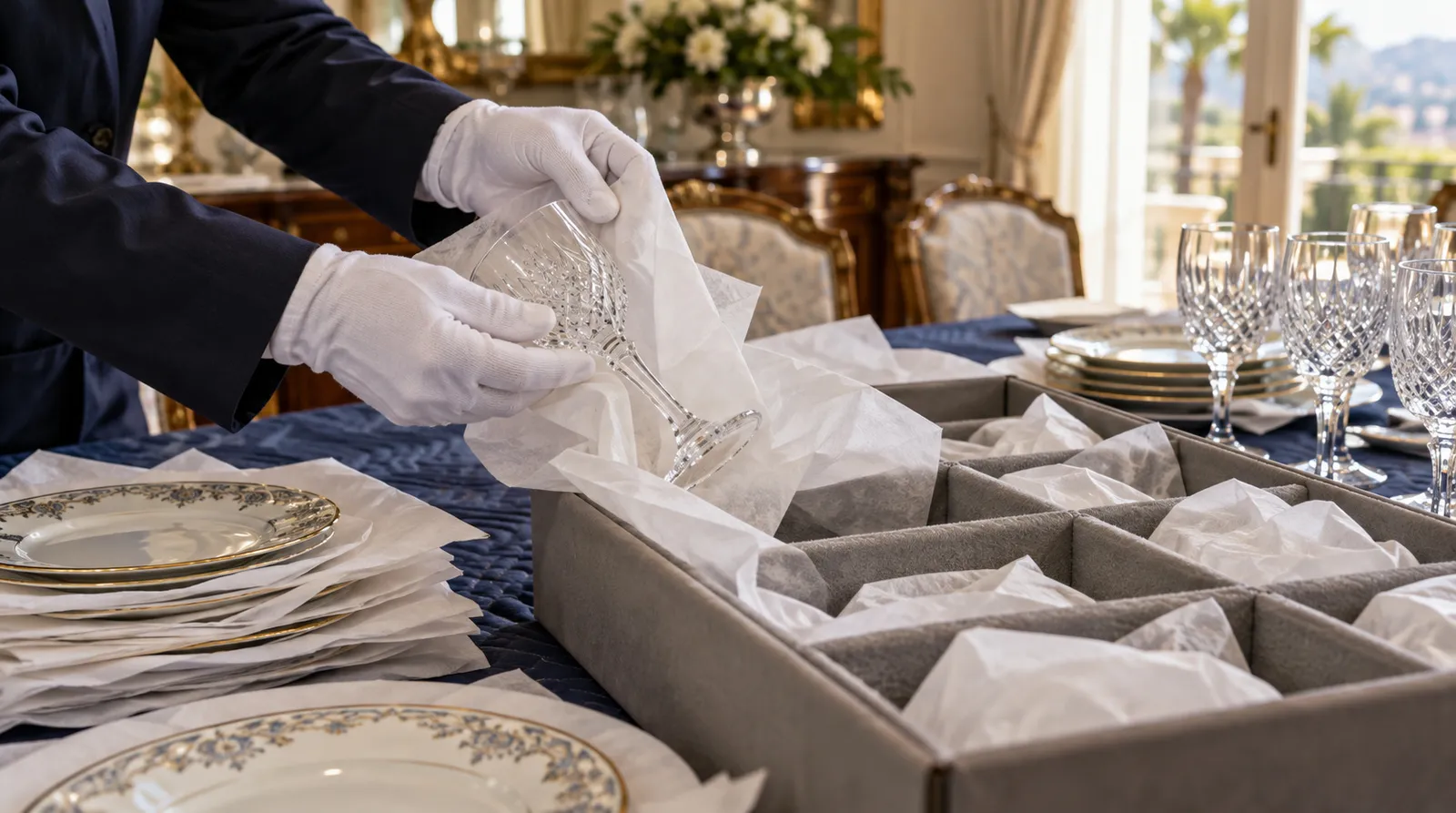Packing china and crystal in Bel Air White-gloved packing of fine china and crystal with archival materials in a Bel Air dining room