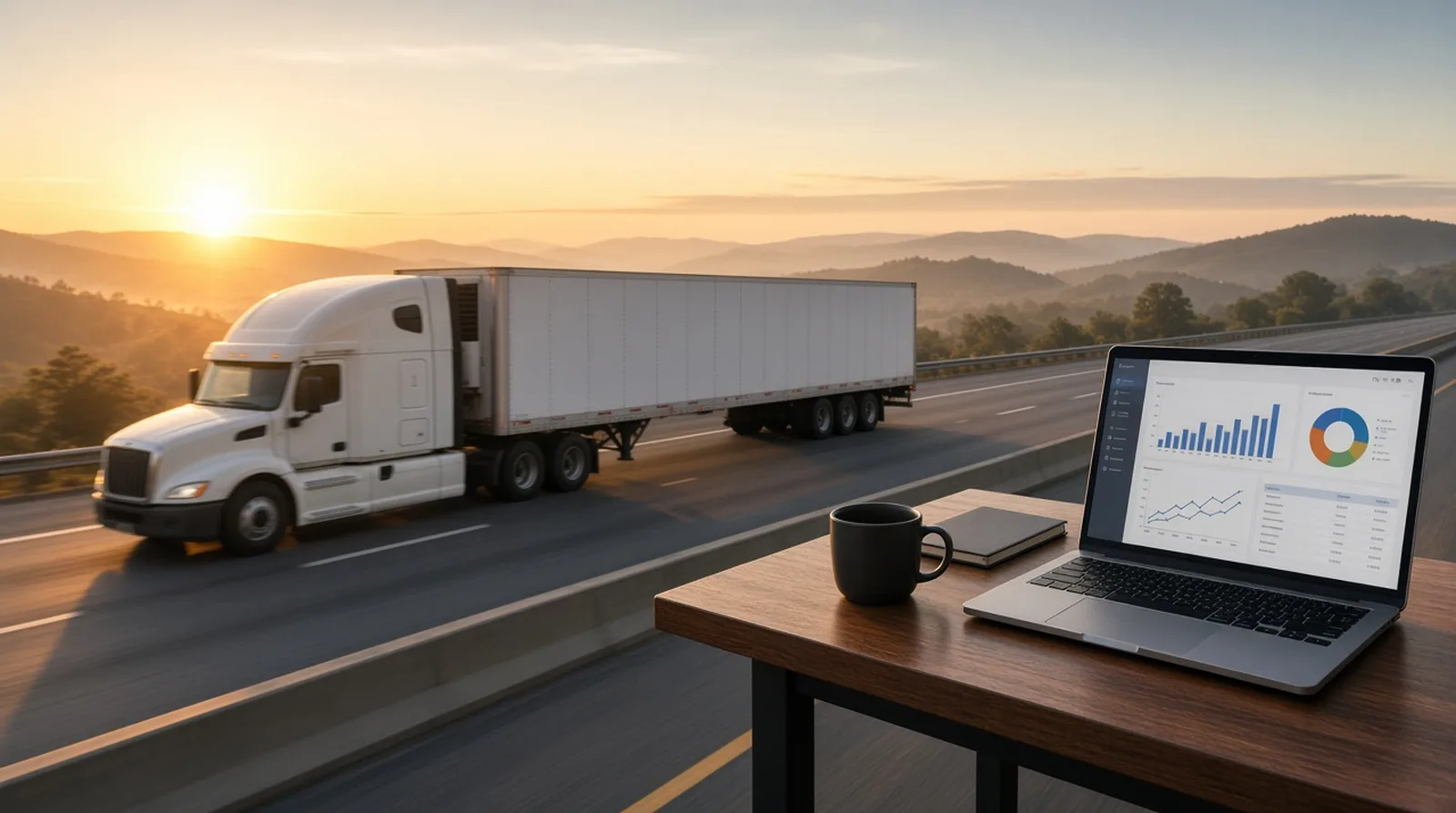Passive income trucking with a well-managed truck Semi truck on an interstate at sunrise beside a laptop showing a weekly fleet report on a desk