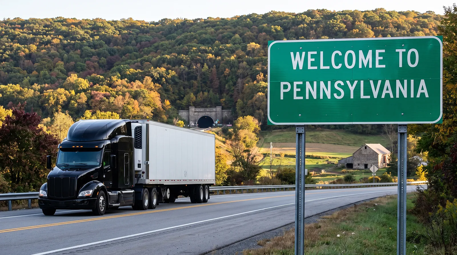 CDL-A truck driver jobs in Pennsylvania Semi truck with a 53-foot trailer passing the Welcome to Pennsylvania sign on the highway