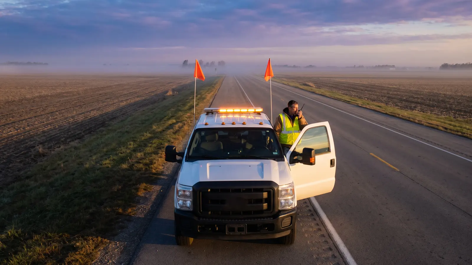 Choosing a pilot car service for heavy haul loads Pilot car escort pickup with amber lights and safety flags on a highway shoulder at dawn