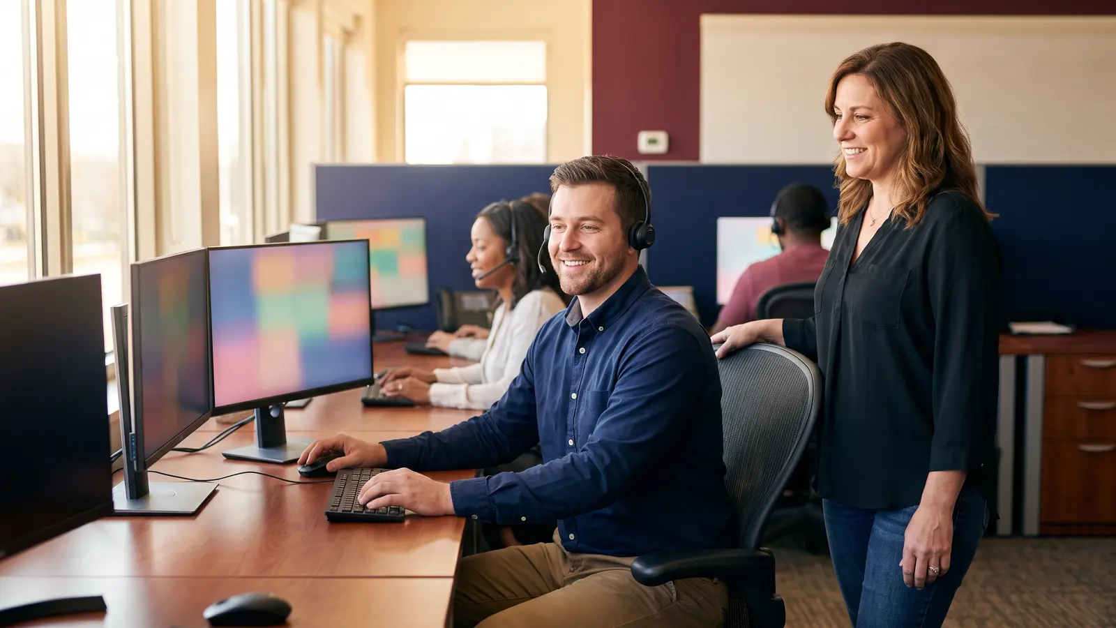 PLSP certification: the door into a freight brokerage New PLSP-certified freight agent sitting down at his first brokerage desk while a team lead welcomes him