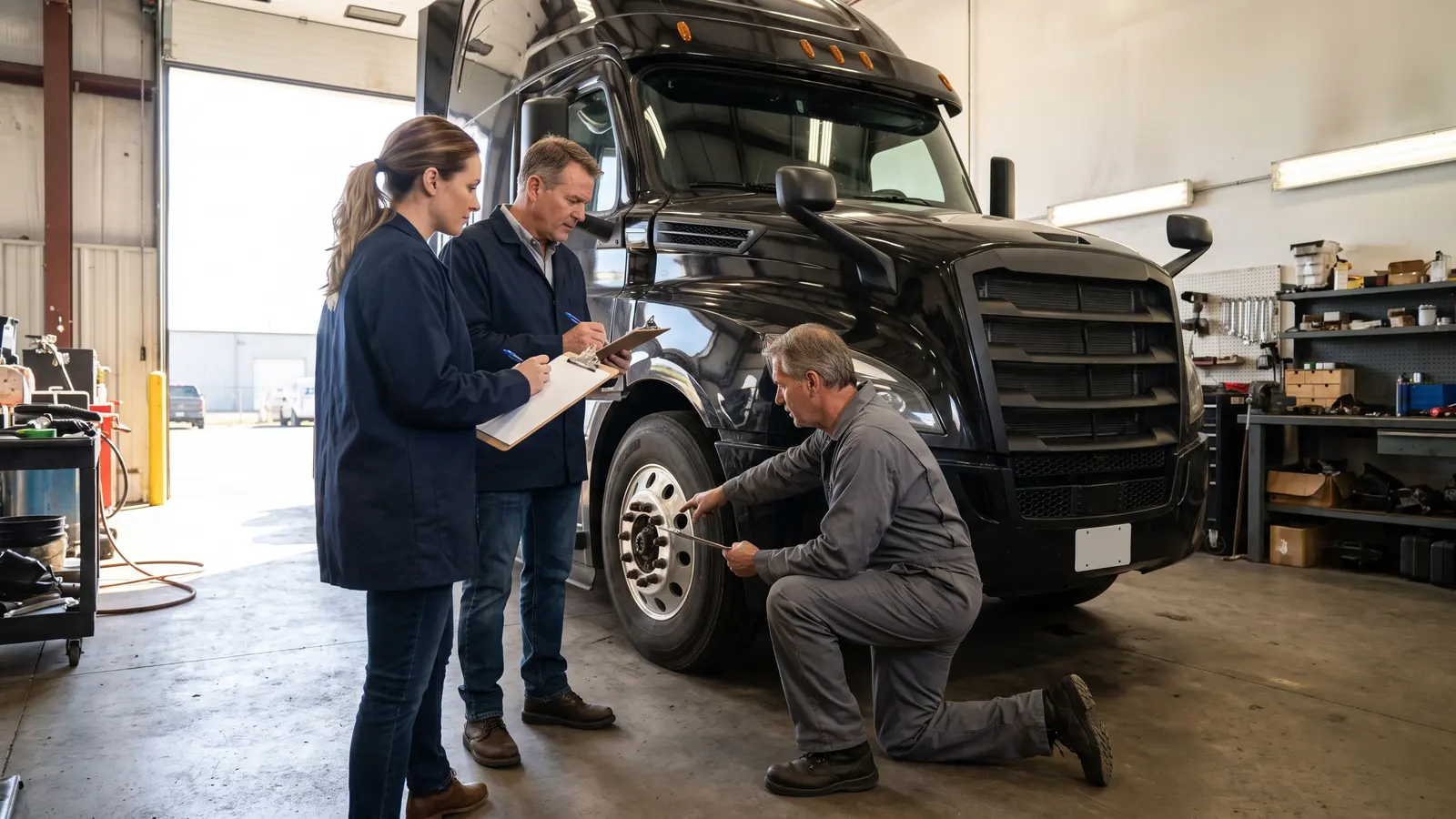 DOT compliance in the PLSP program PLSP students learning truck inspection and DOT compliance from a mechanic in a truck shop