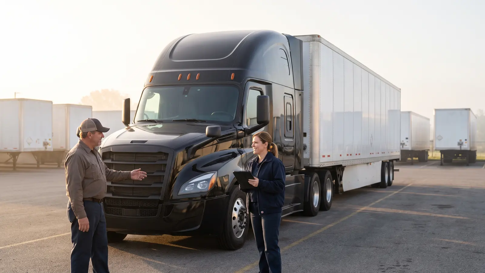 Working with live carriers in the PLSP program PLSP trainee talking with an owner-operator beside his semi truck and 53-foot dry van