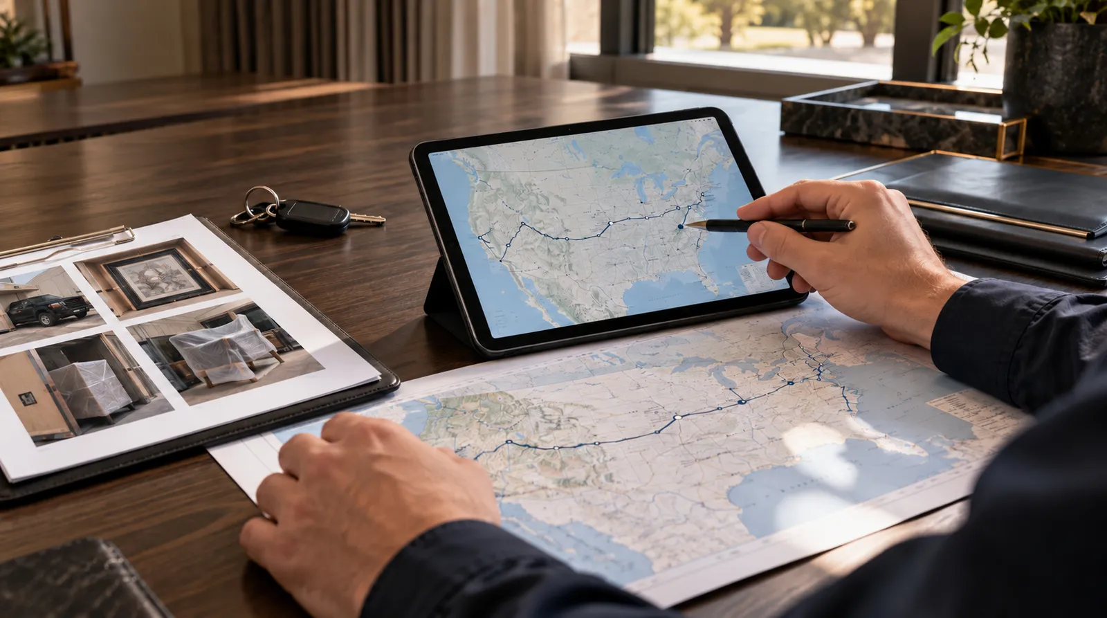 Planning a private move route Hands over a tablet route plan and a clipboard of photo inventory thumbnails