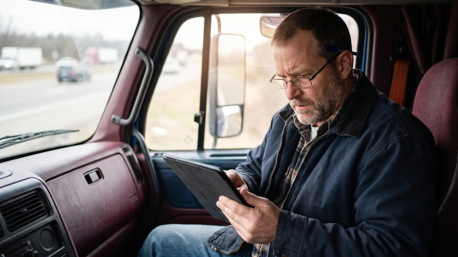 Rate confirmation checklist before you book a load Truck driver reviewing a rate confirmation on a tablet in his cab