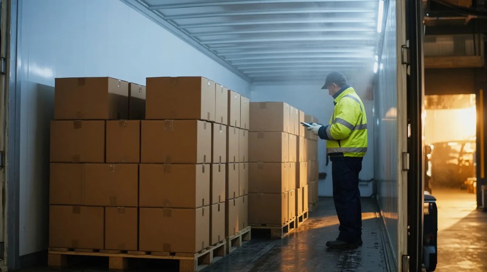 Reefer freight check inside a refrigerated trailer Worker in a hi-vis jacket checking pallets of boxed freight inside a refrigerated reefer trailer