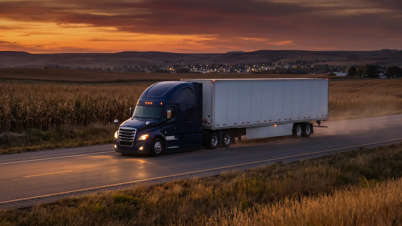 Regional routes and weekly home time Semi truck with a 53-foot dry van on a rural highway at dusk on a regional route