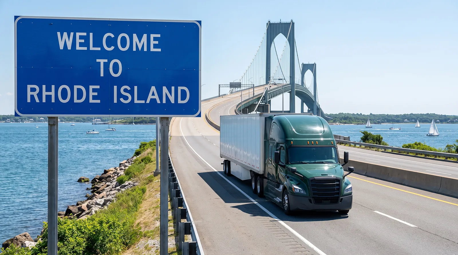 Semi truck with a 53-foot trailer passing the Welcome to Rhode Island sign on the highway