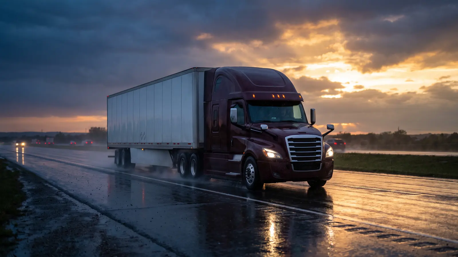 The risk your insurance covers Semi truck pulling a 53-foot dry van on a wet highway in the rain at dusk