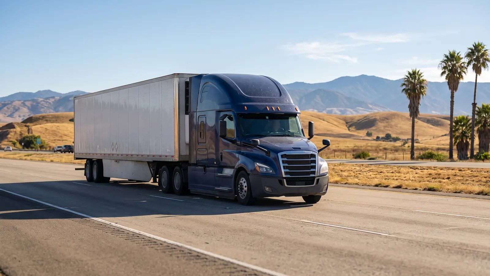 CARB compliance for trucks hauling in California Semi truck on a California highway with golden hills and mountains