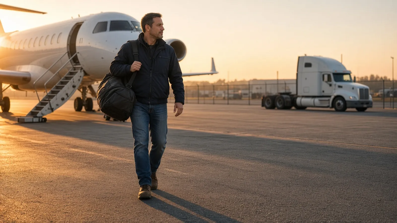 Semi truck driveaway: we fly the driver to the truck CDL driver with a duffel bag walking from a jet toward a semi truck waiting for pickup, semi truck driveaway service