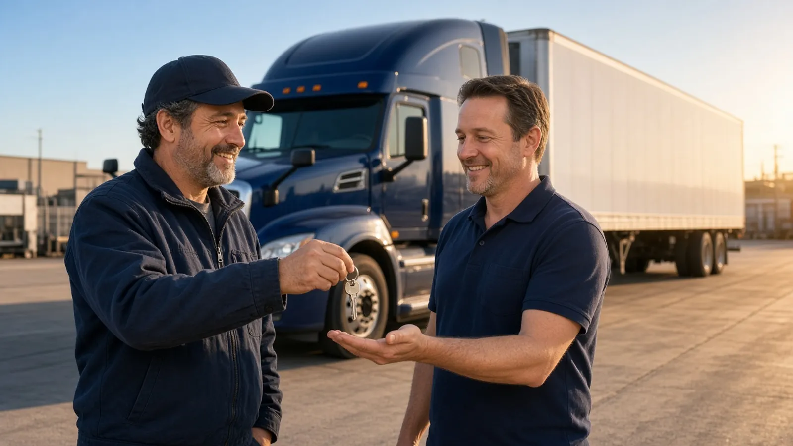 Semi truck transport: delivered and handed over CDL driver handing semi truck keys to the owner after delivery, semi truck transport and commercial vehicle relocation