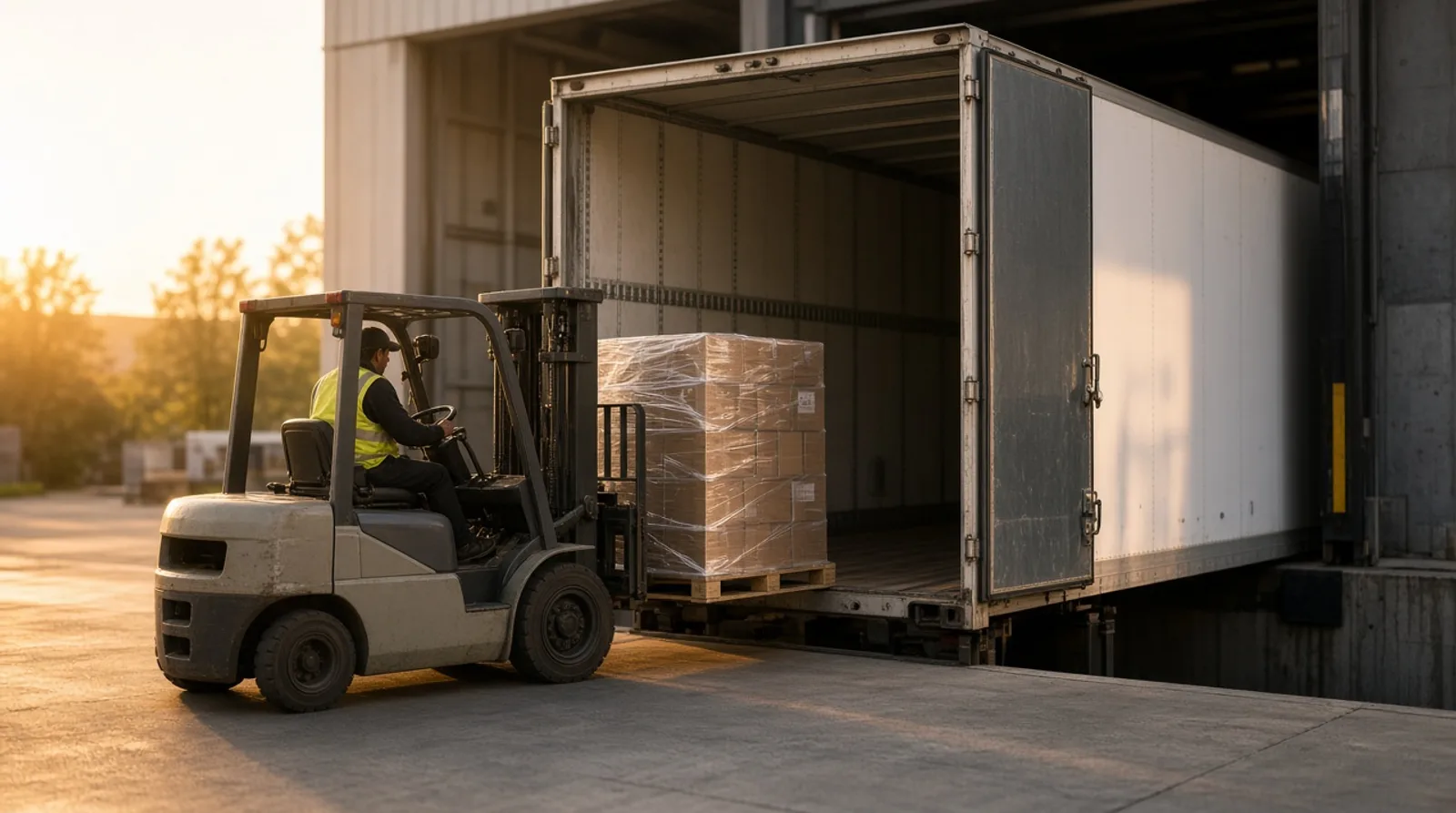Dry van freight loading at a shipper dock Forklift loading shrink-wrapped pallets into a 53-foot dry van trailer at a warehouse dock at sunrise