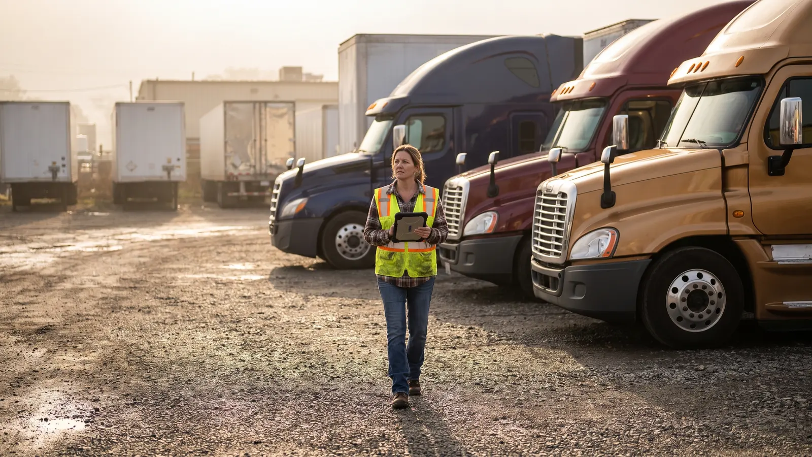 Fleet management for small trucking fleets Fleet manager checking trucks in a small fleet yard with a tablet