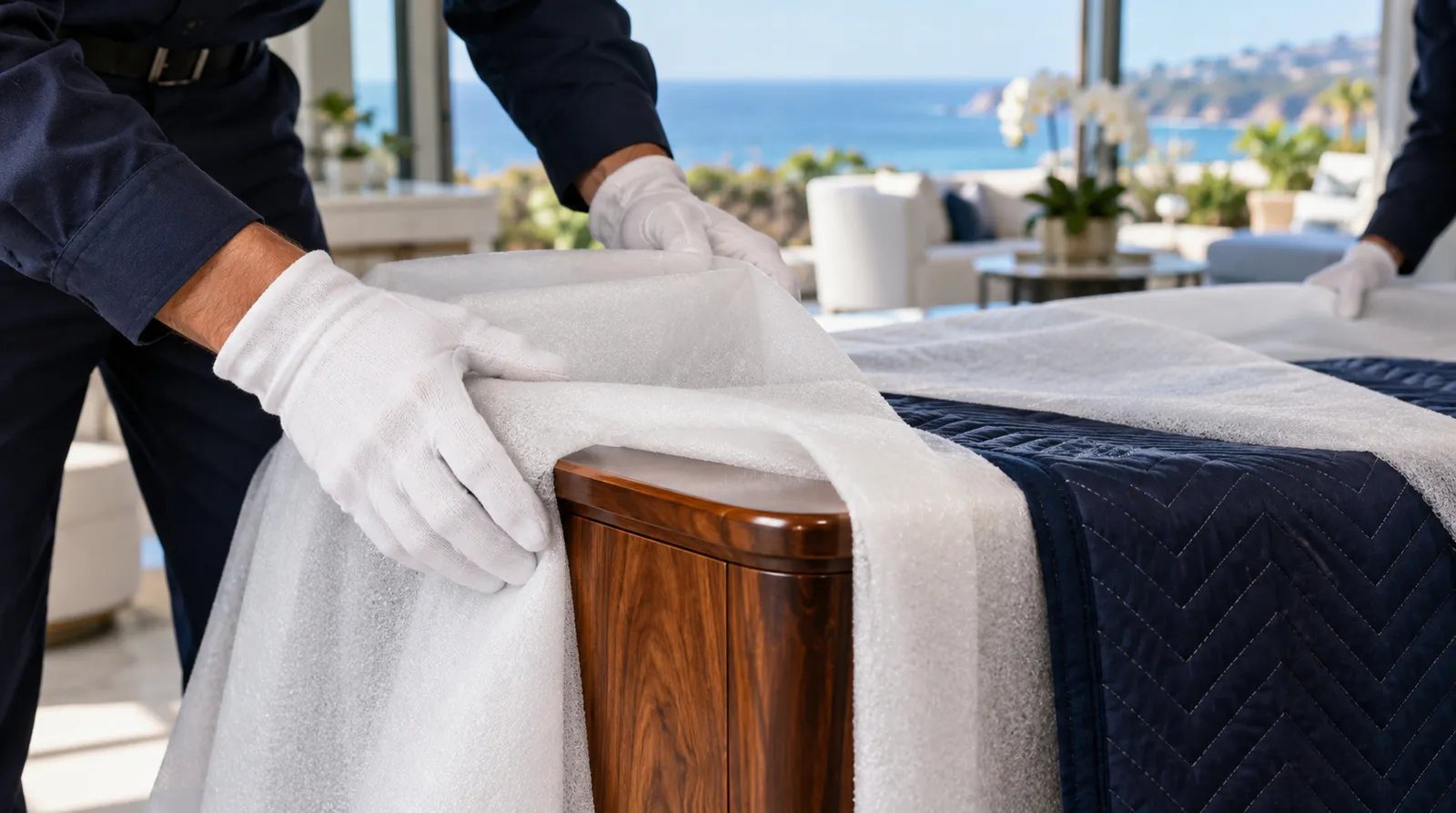 Soft wrap on designer furniture White-gloved hands wrapping designer furniture in soft padding