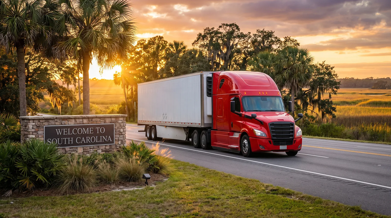 CDL-A truck driver jobs in South Carolina Semi truck with a 53-foot trailer passing the Welcome to South Carolina sign on the highway
