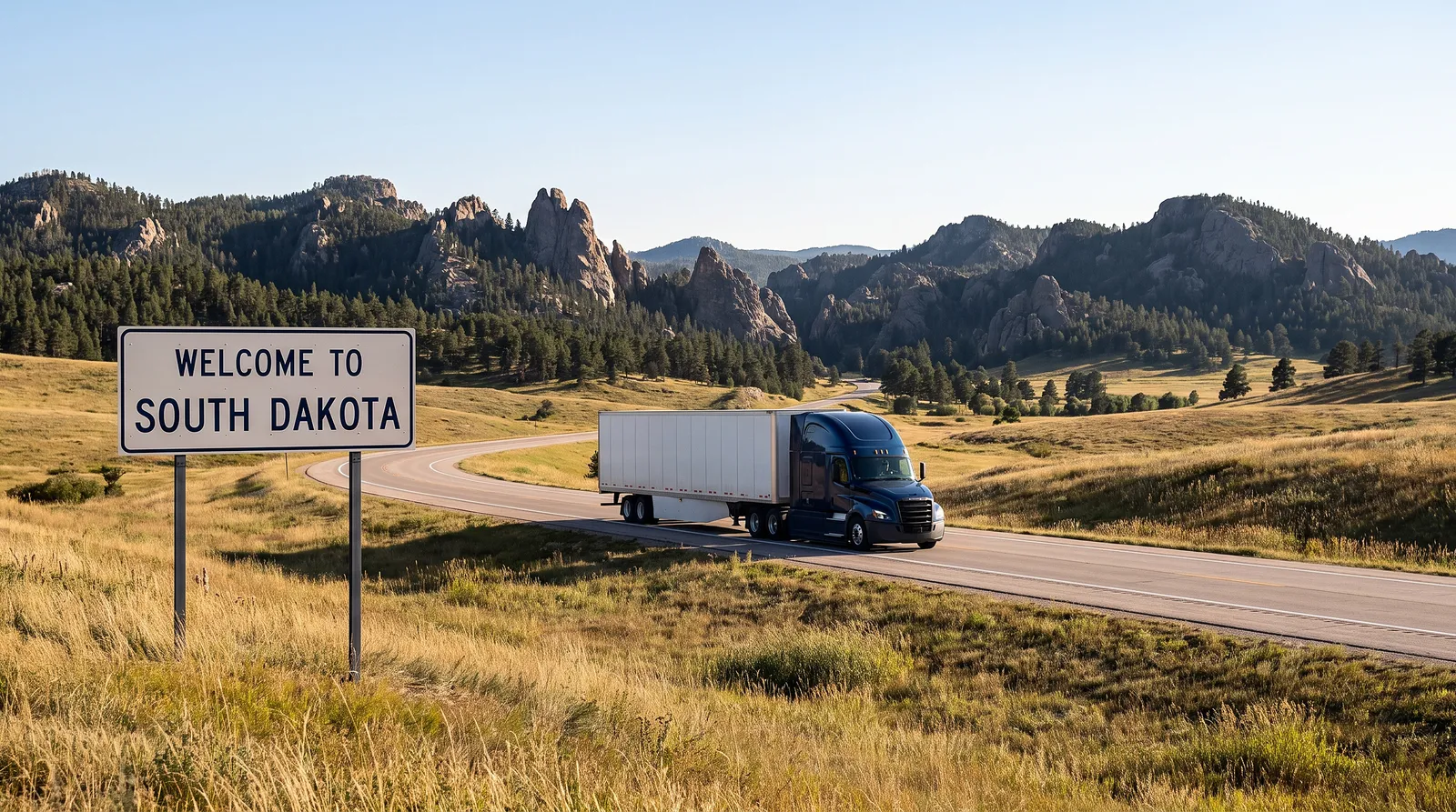 Semi truck transport in South Dakota Semi truck passing the Welcome to South Dakota sign, semi truck transport in South Dakota