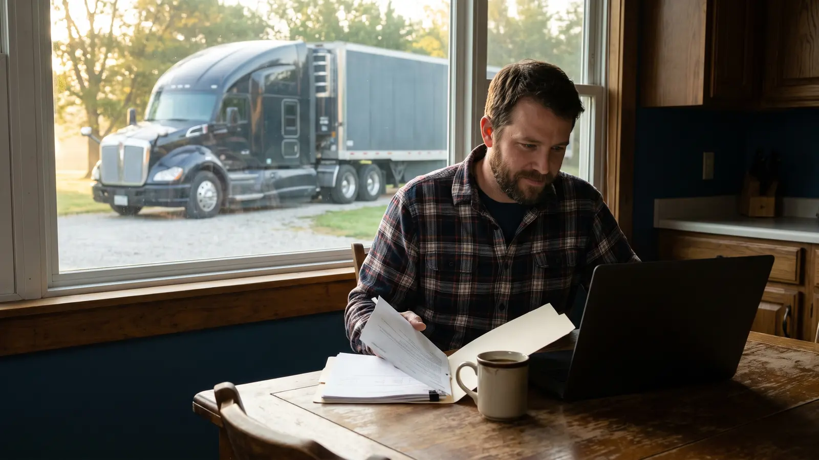 Starting a trucking company New trucking company owner reviewing startup paperwork at his kitchen table with his semi truck outside