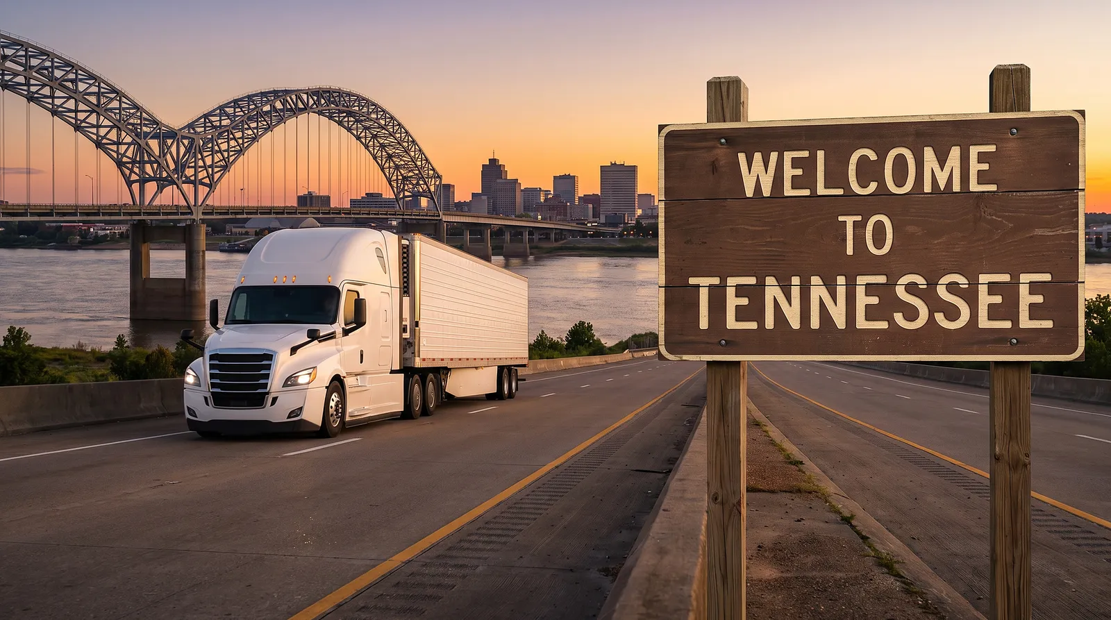Semi truck with a 53-foot trailer passing the Welcome to Tennessee sign on the highway
