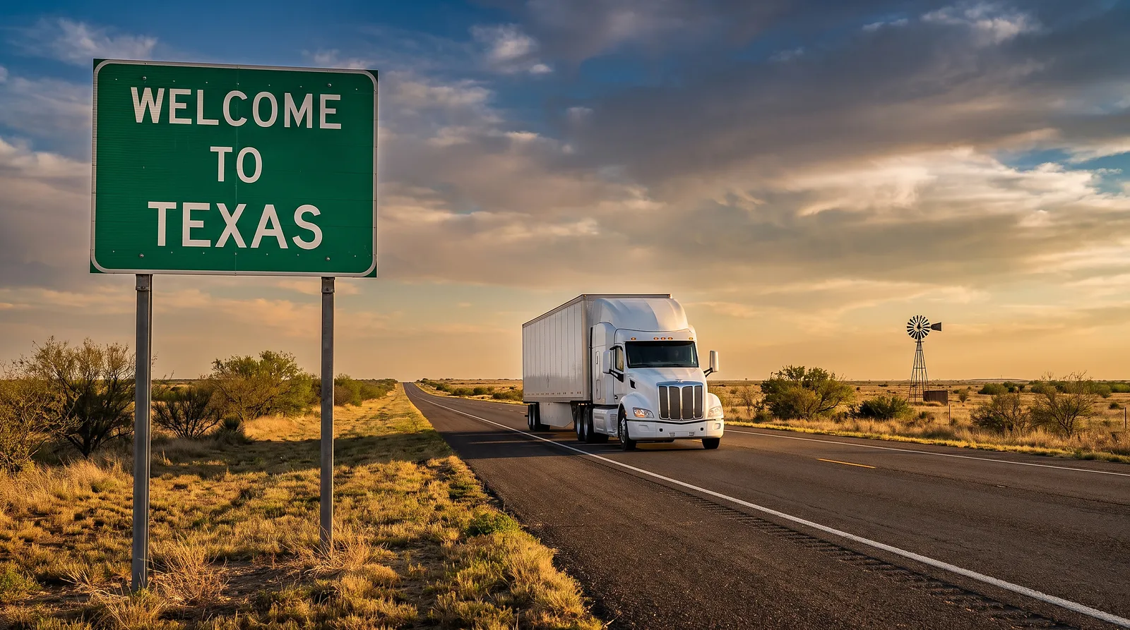 Semi truck with a 53-foot trailer passing the Welcome to Texas sign on the highway