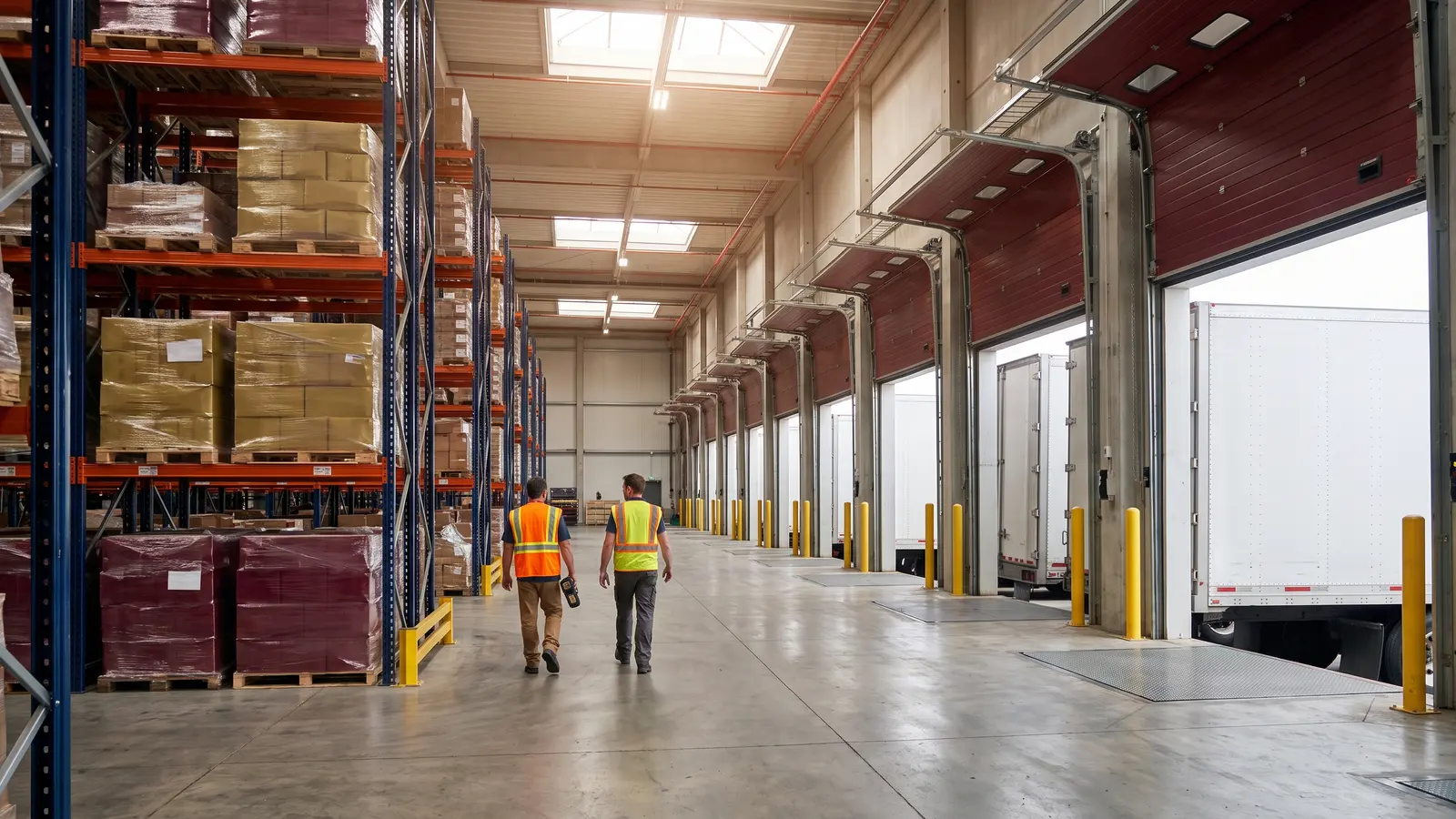 What is 3PL? Third-party logistics explained Third-party logistics warehouse with pallet racking and 53-foot trailers backed into the dock doors