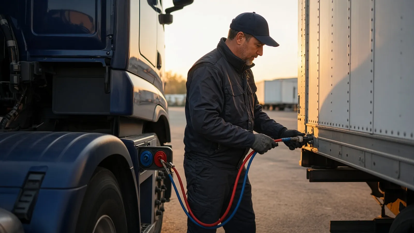 Trailer relocation by a vetted CDL driver CDL driver connecting air lines between a blue semi truck and a white trailer for a trailer relocation move