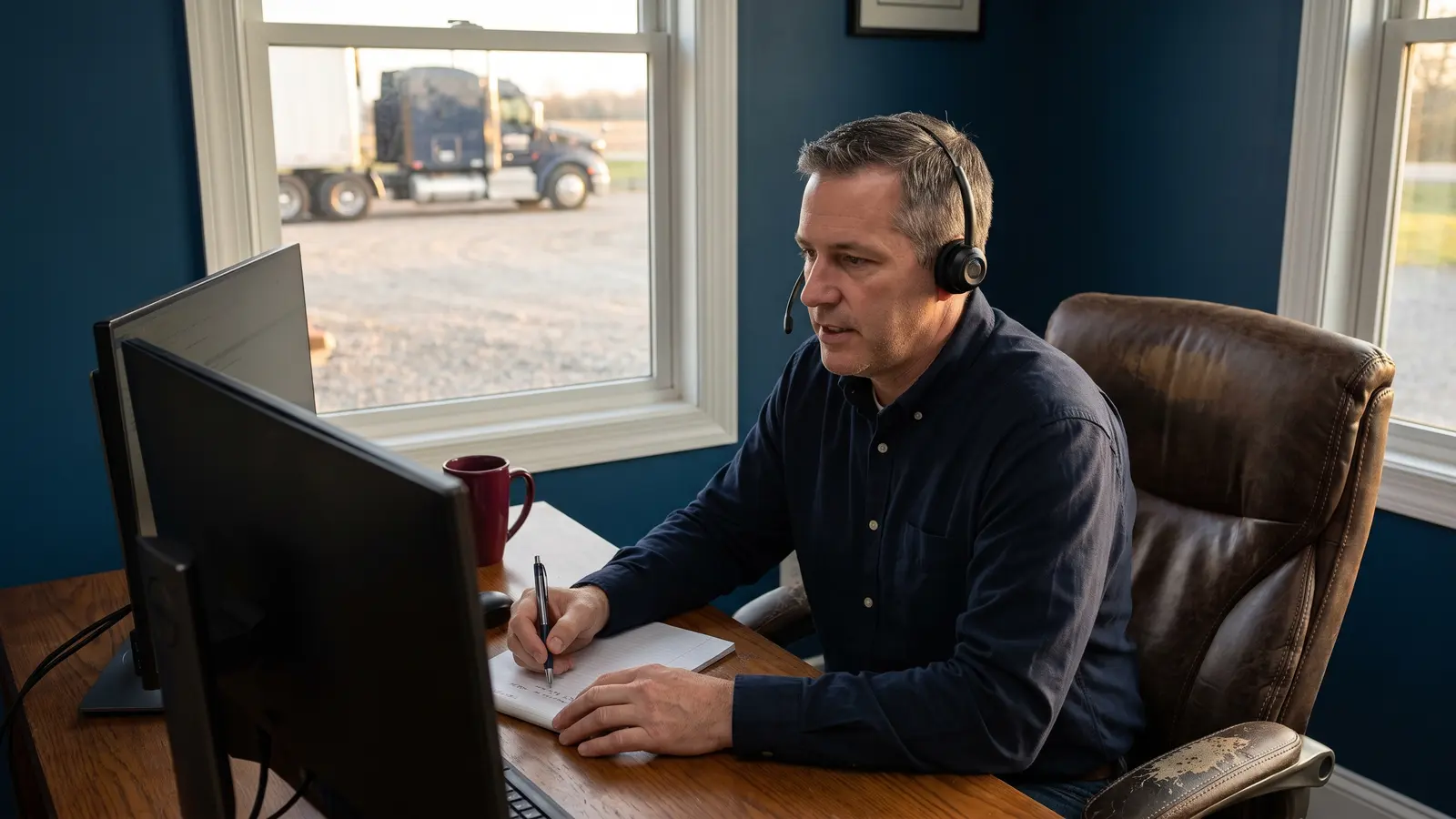 Truck dispatch service for owner-operators Truck dispatcher on a call with a driver at his desk