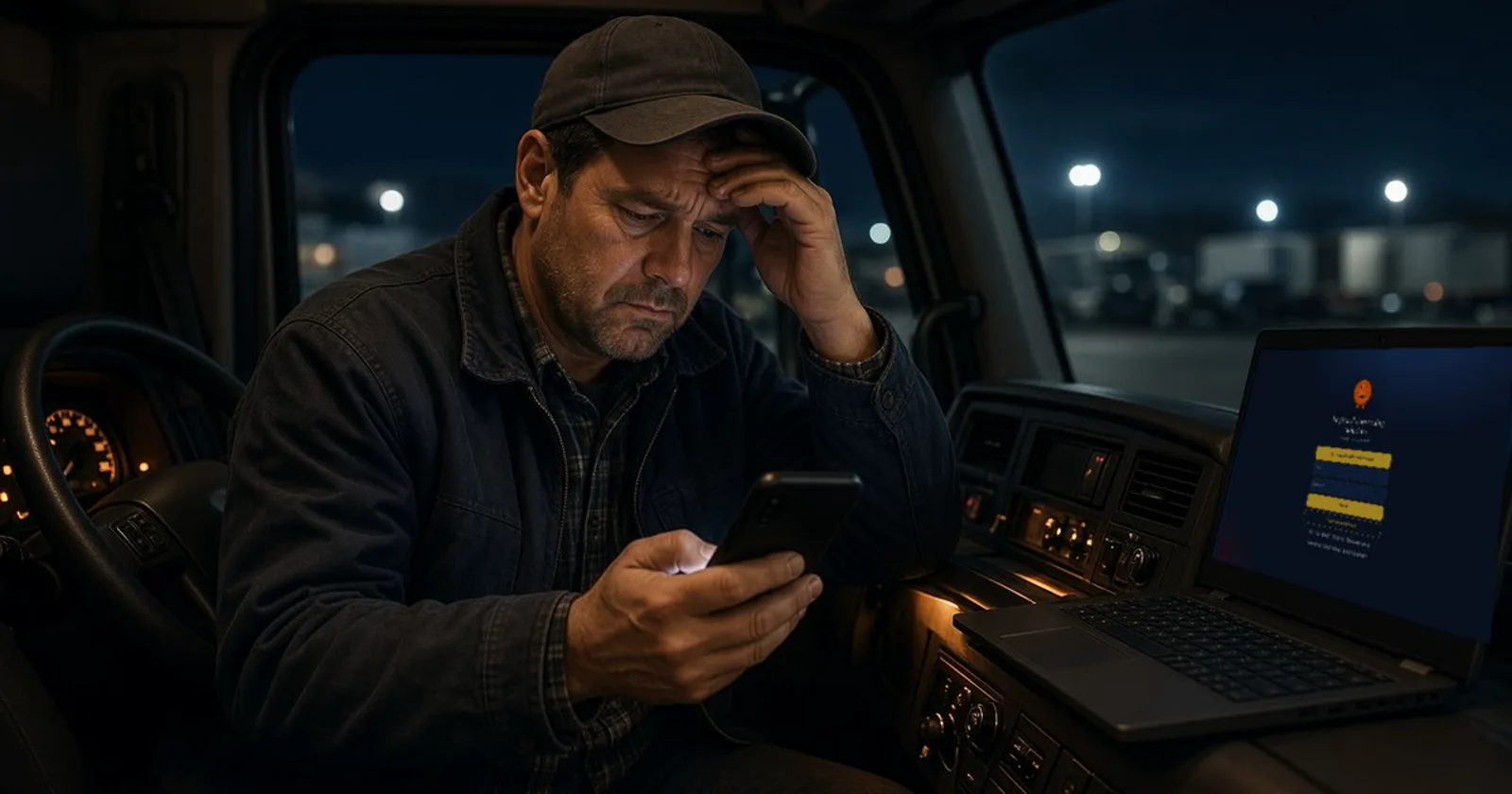 Fake shipper scam text on a truck driver's phone Truck driver in his cab at night reading a fake shipper scam message on his phone, laptop open to LFS AOS