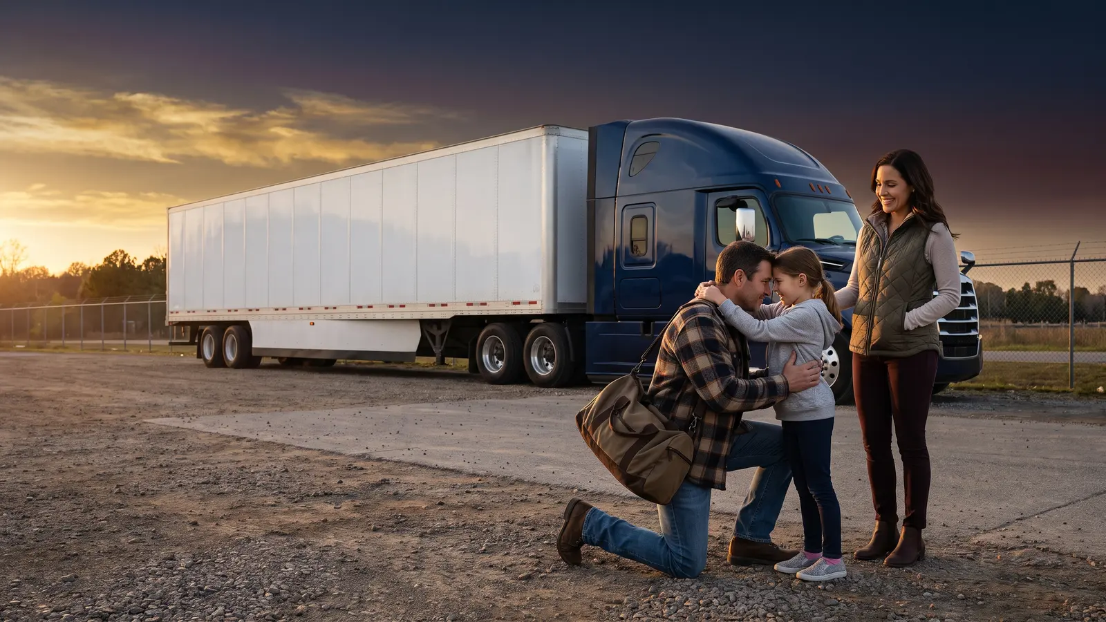 Trucking jobs with home time Truck driver hugging his daughter on his home time at the truck yard