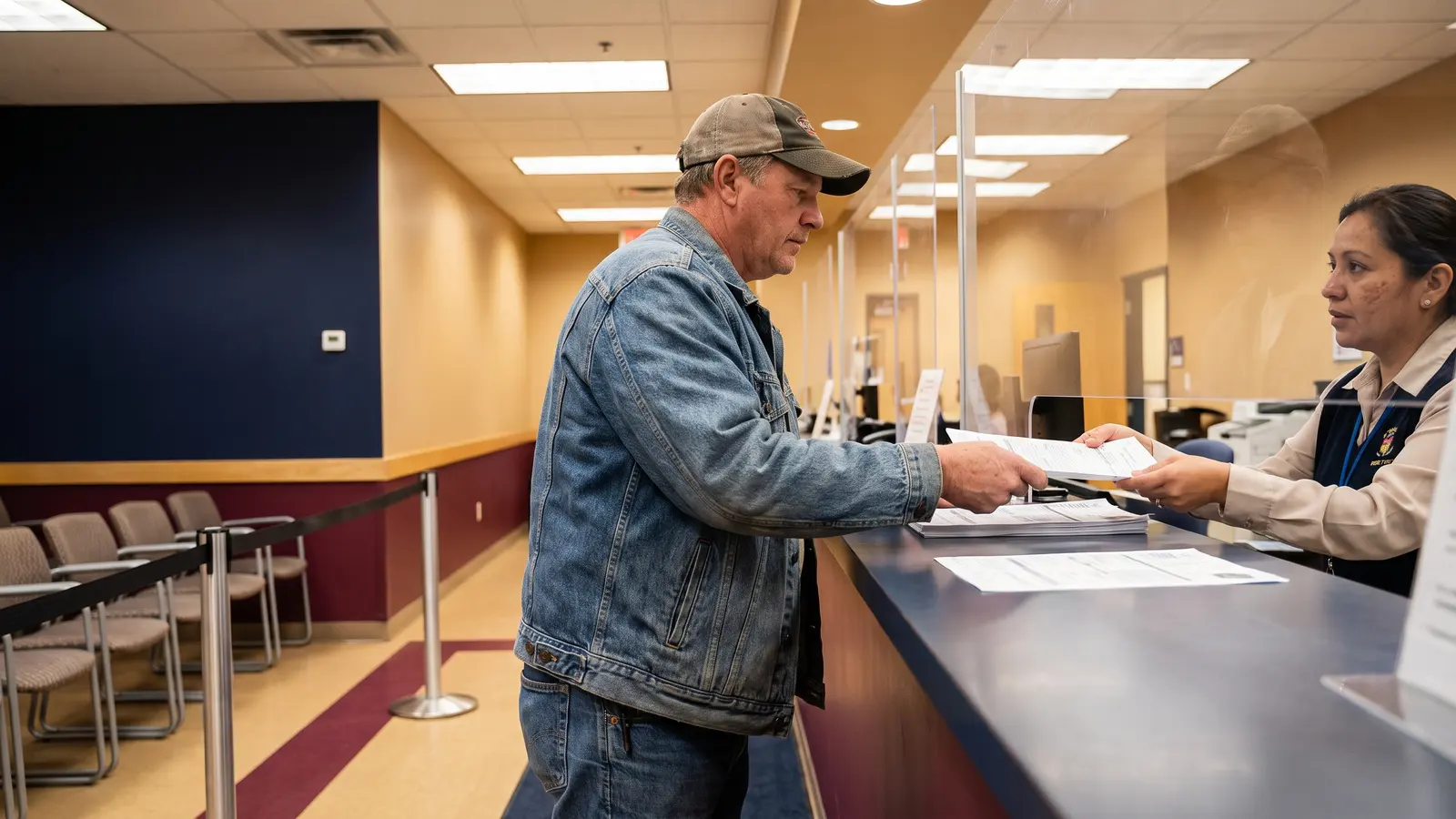 Foreign CDL rules for U.S. trucking Truck driver handing paperwork to a clerk at a licensing office counter