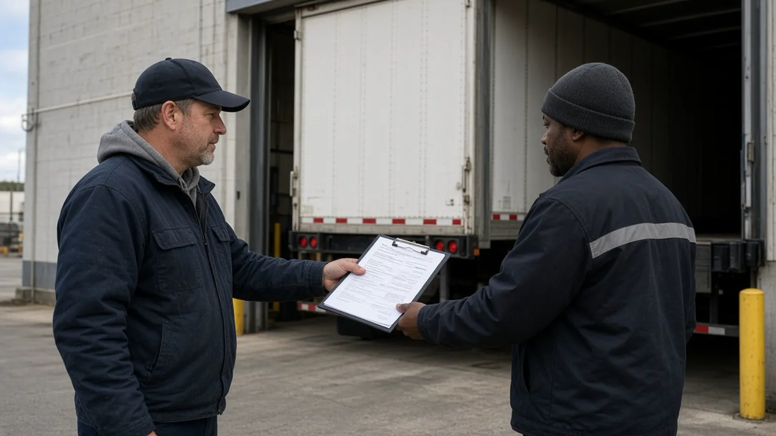 Driver handing POD and BOL paperwork at the dock Truck driver handing POD and BOL paperwork to a dock worker at a warehouse receiving dock