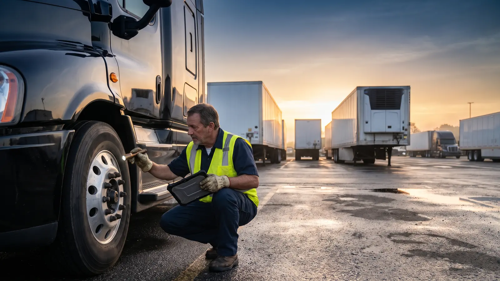 Truck driver in uniform doing a pre-trip inspection of a semi truck's tires and brakes with a flashlight at dawn