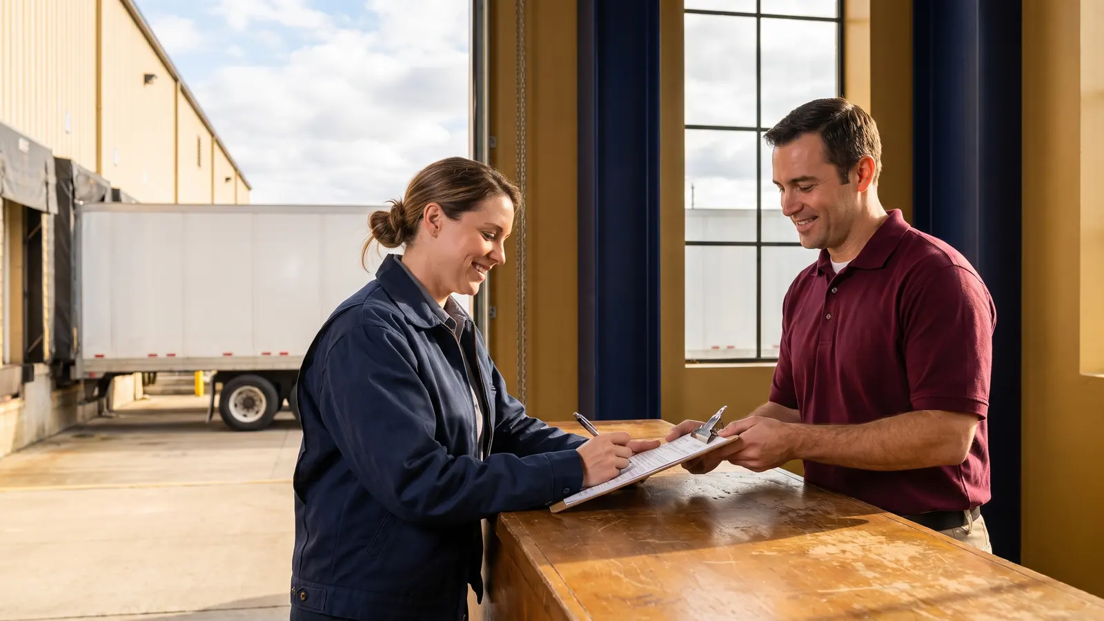 Every load ends with paperwork Truck driver signing a bill of lading with a shipping clerk at a warehouse dock
