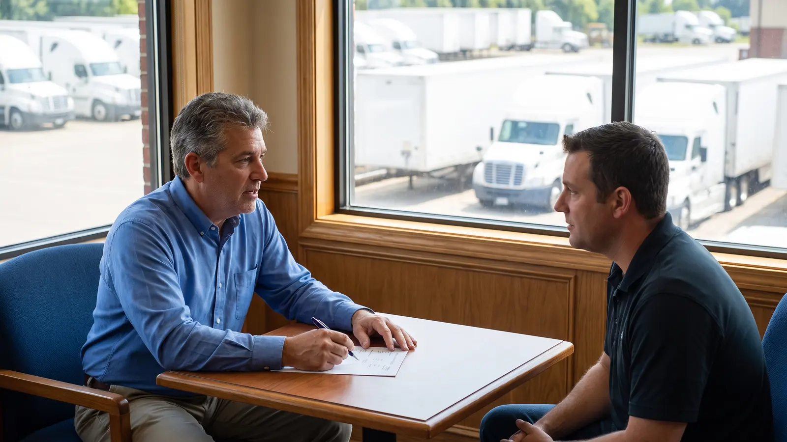 Managed truck ownership: questions and answers Truck owner with a list of questions talking with a fleet manager at a conference table