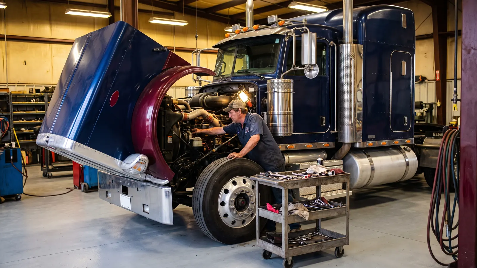 Truck ownership risks and disclosures Mechanic working on a semi tractor engine in a heavy-duty repair bay