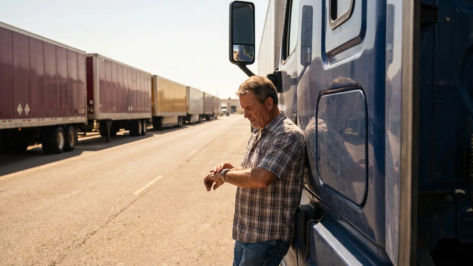 Detention pay for owner-operators Truck driver waiting outside a busy distribution center with all dock doors full