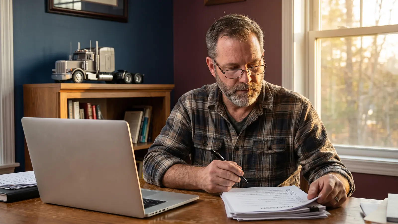Trucking authority setup New carrier owner completing trucking authority registration paperwork at a desk