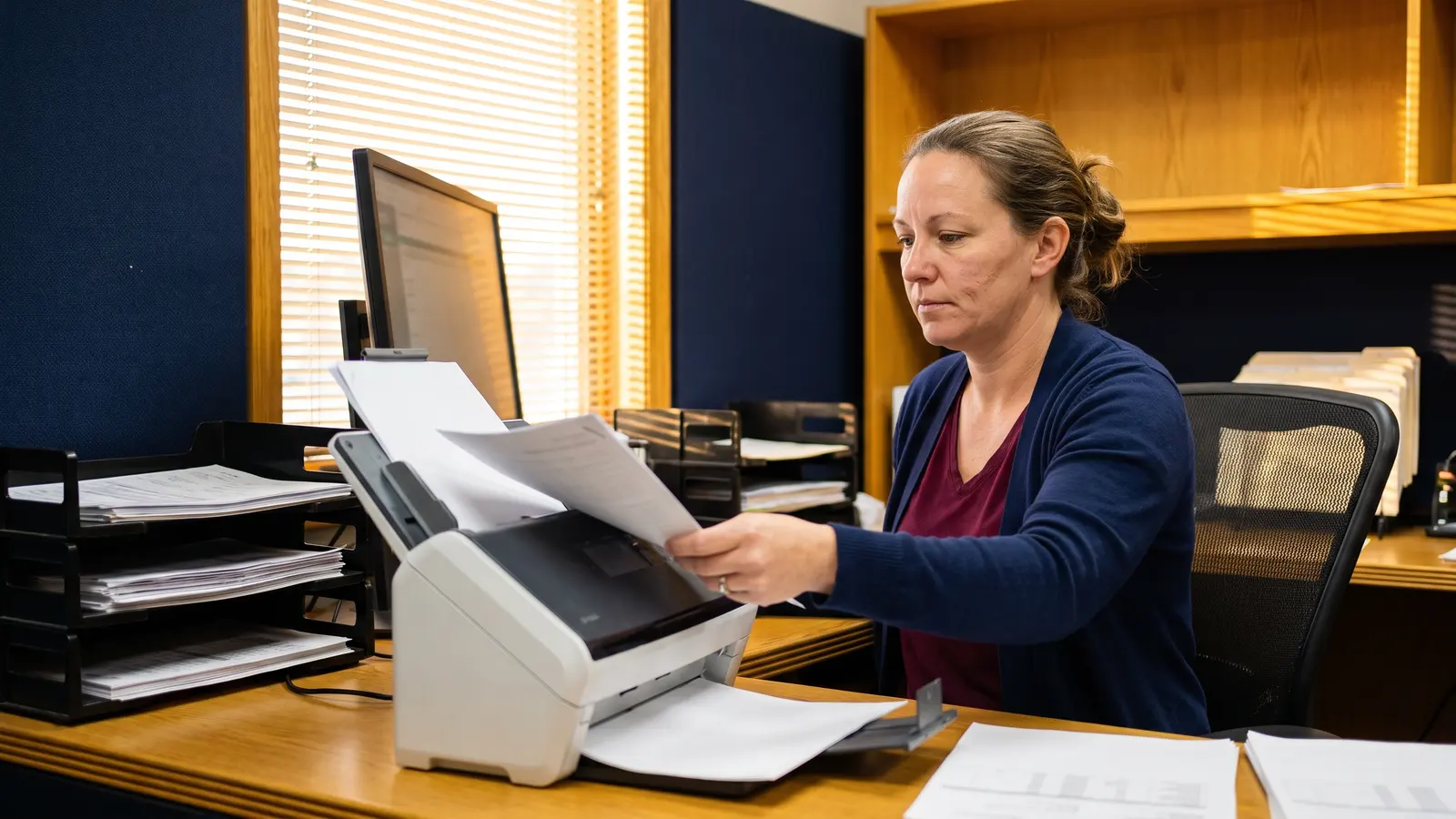 Transportation management software at LFS Trucking back-office coordinator scanning load paperwork into a document scanner