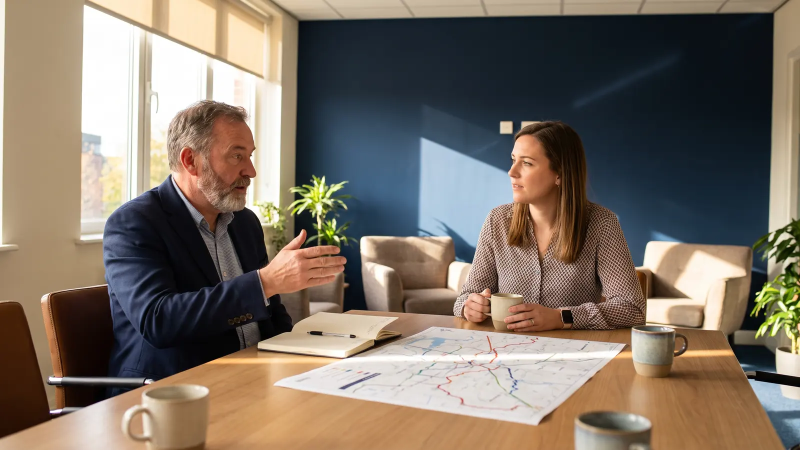 Trucking business consulting Logistics consultant meeting with a small trucking company owner at a conference table