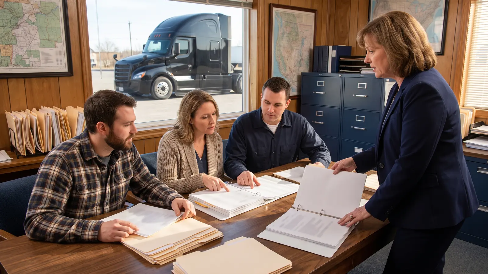 Trucking company development in the PLSP program Students and an instructor reviewing a new trucking company's compliance files with its owner