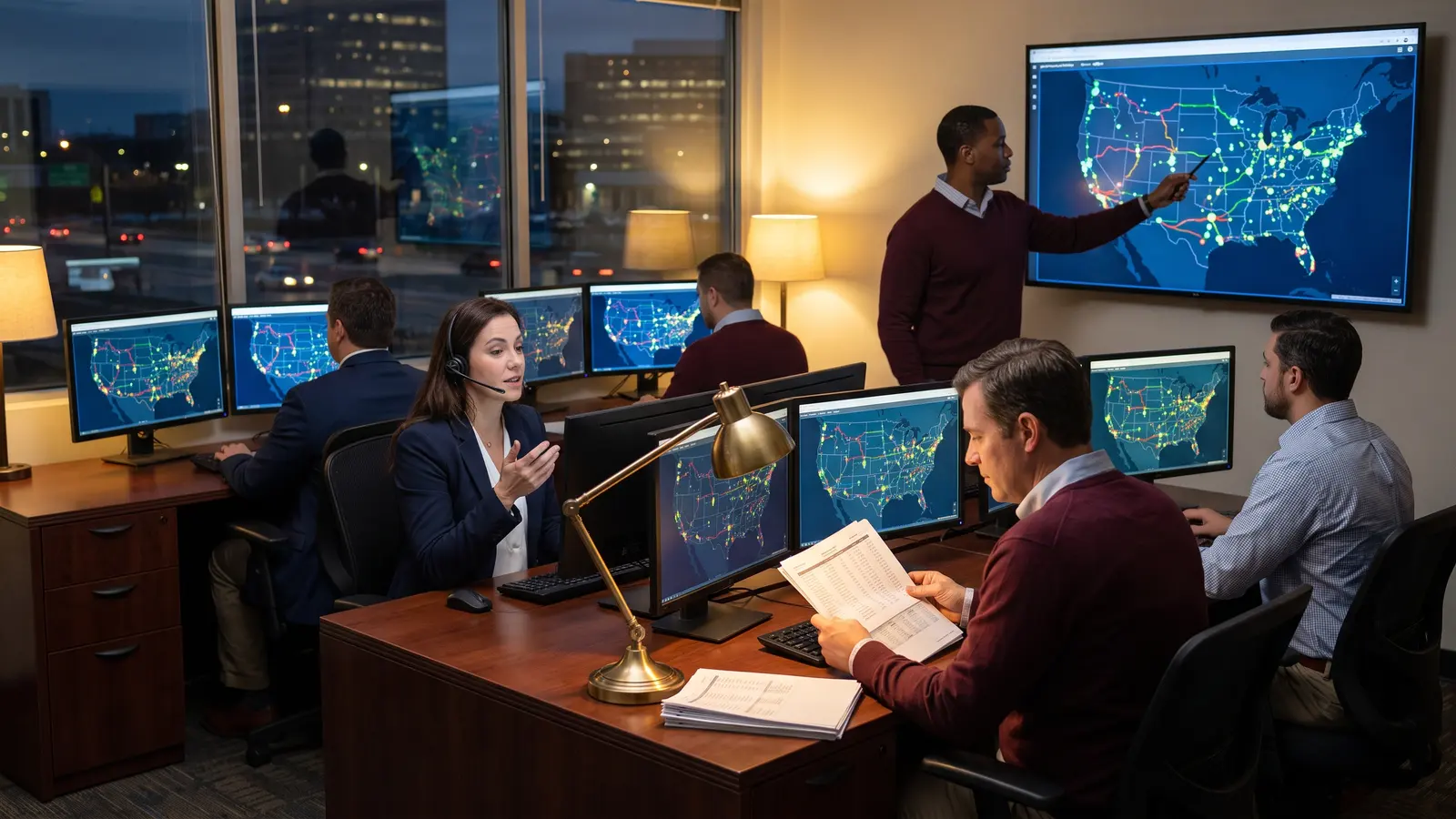 Freight research and compliance team working at night in a trucking operations room with live truck maps on screens