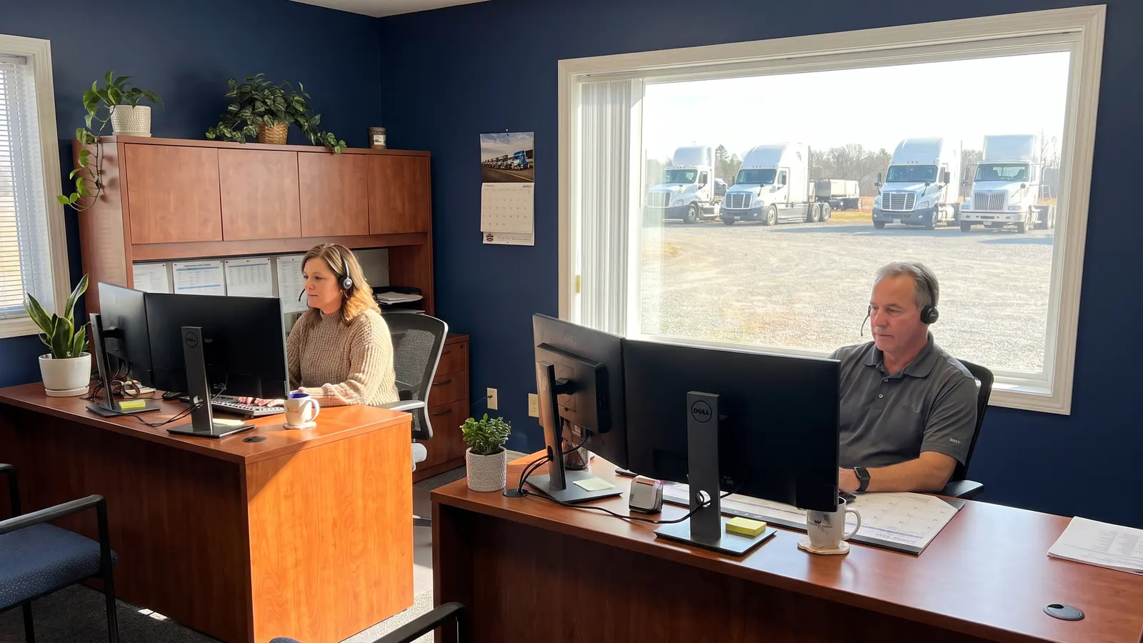 Trucking company management for small fleets Back-office staff managing a small trucking fleet from an office overlooking the truck yard