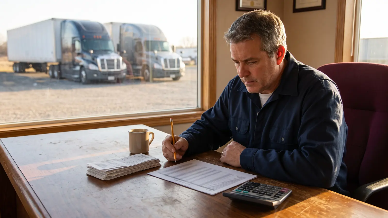 Trucking company owner figuring cost per mile with fuel receipts and a calculator, semi trucks parked outside