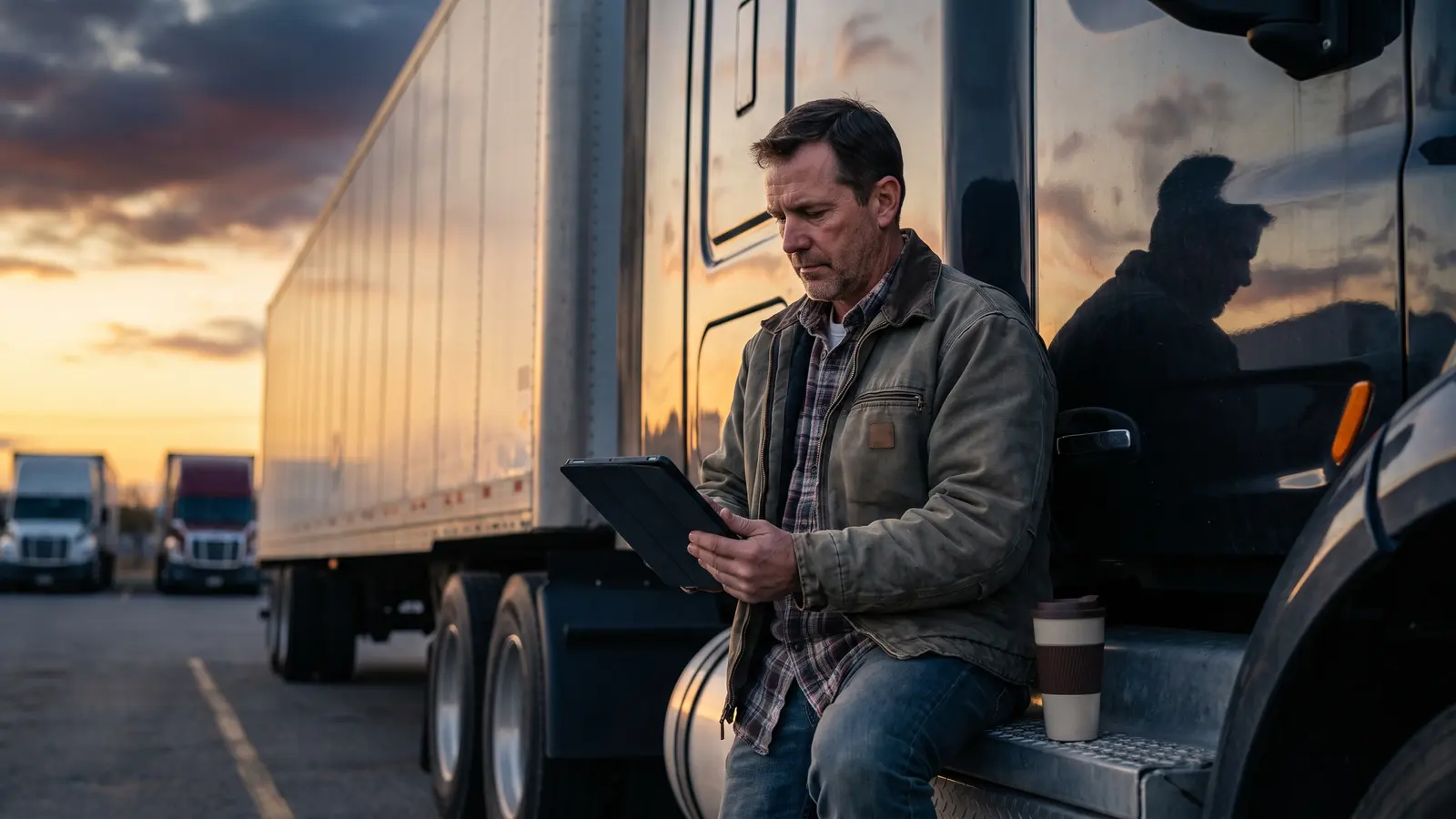 Articles for trucking company owners Trucking company owner reading on a tablet while sitting on the step of his truck at a truck stop