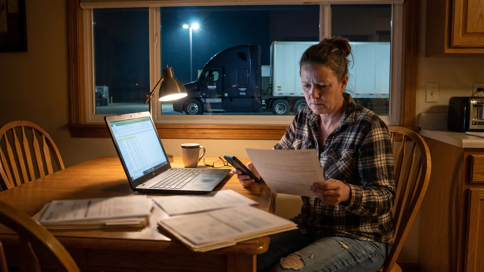 Freight broker complaint help for carriers Trucking company owner reviewing an unpaid freight invoice and rate confirmation at night