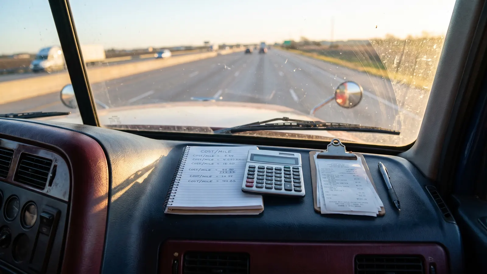 How to figure your trucking cost per mile Notebook with cost-per-mile math, calculator and fuel receipts on a semi truck dashboard